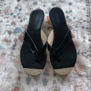 Jimmy Choo Black and Gold Patent Leather Thong Sandals